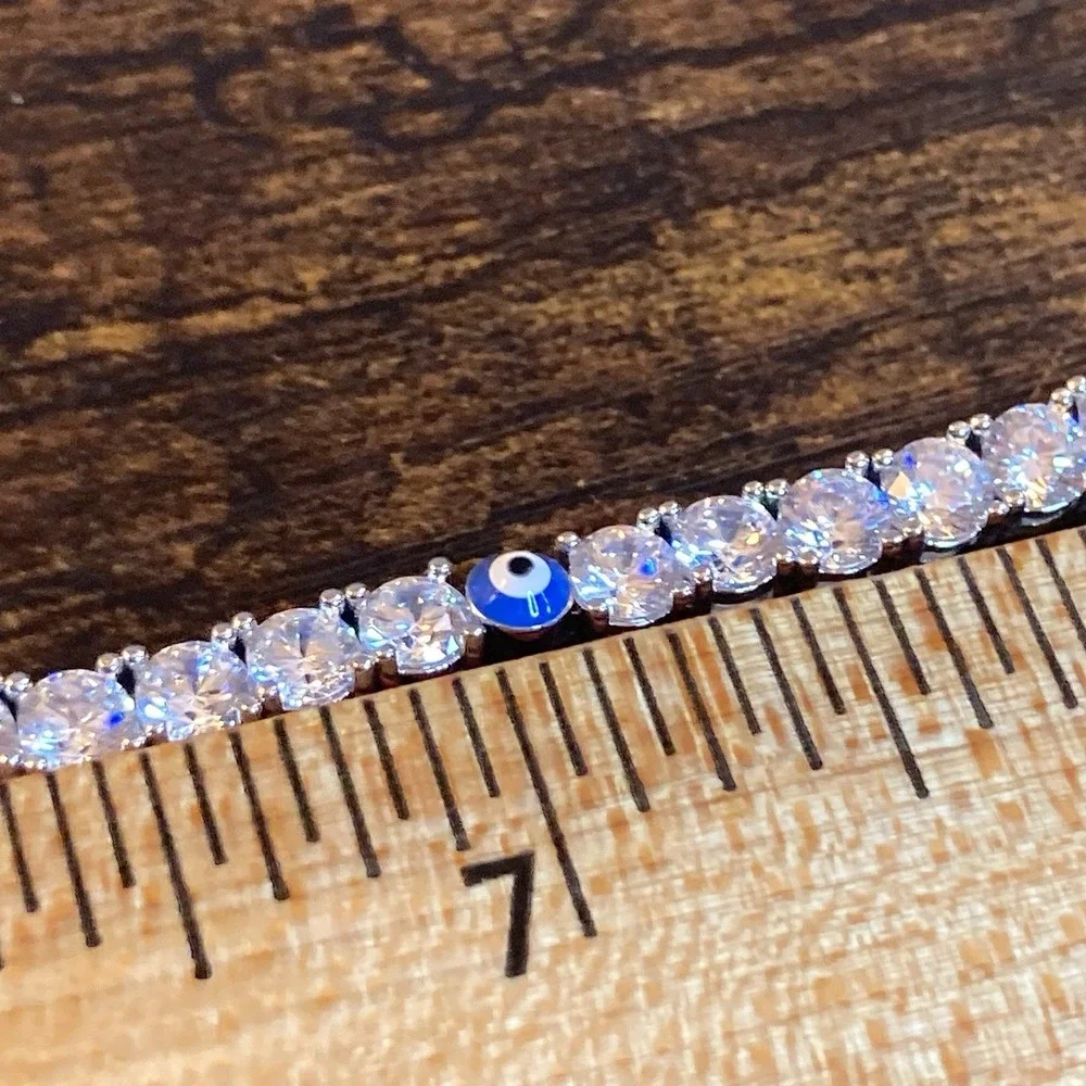 Silver Tone CZ Tennis Bracelet Blue Evil Eye Charm 8in 6mm Crystal